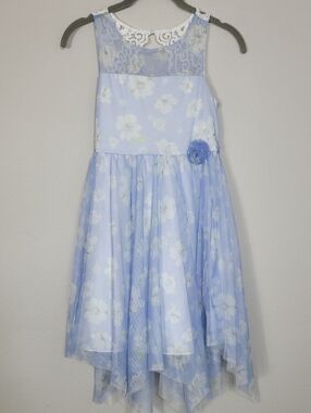 Bonnie Jean Girls Floral Sheer Overlay Dress Size 12 Blue White Special Occasion